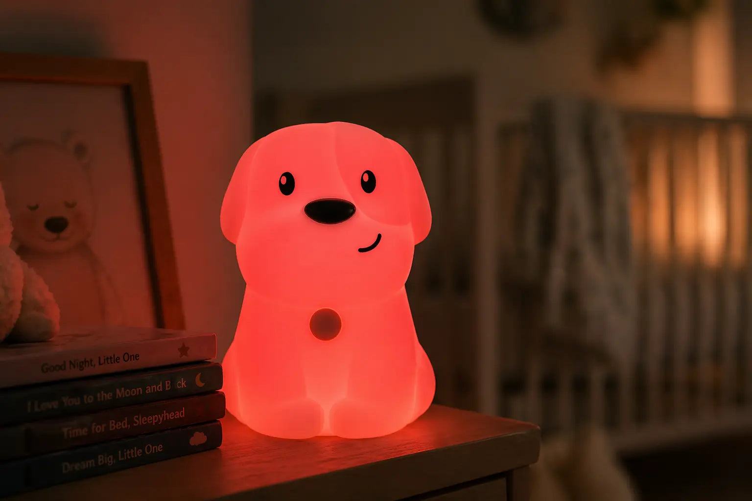 Pepper the Puppy dog night light glowing red in a cozy nursery to help a baby sleep.