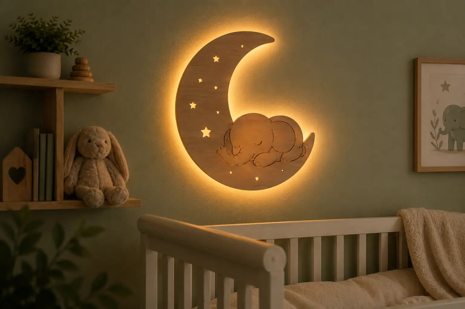 Wooden nursery wall light in a sleeping elephant and crescent moon shape, glowing warm amber, mounted on a sage green nursery wall above a white cot