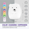 LumiBear graphic displaying dimensions (5x6 inches) soft and safe silicone, remote control, slow flow color mode, 72 hour battery life, tap control, USB rechargeable