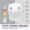 LumiElephant graphic displaying dimensions (5x6 inches) soft and safe silicone, remote control, slow flow color mode, 72 hour battery life, tap control, USB rechargeable