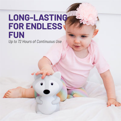 Long lasting for endless fun - 72 hours of continuous use - girl holding LumiFox nightlight.