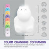 LumiHippo graphic displaying dimensions (5x6 inches) soft and safe silicone, remote control, slow flow color mode, 72 hour battery life, tap control, USB rechargeable