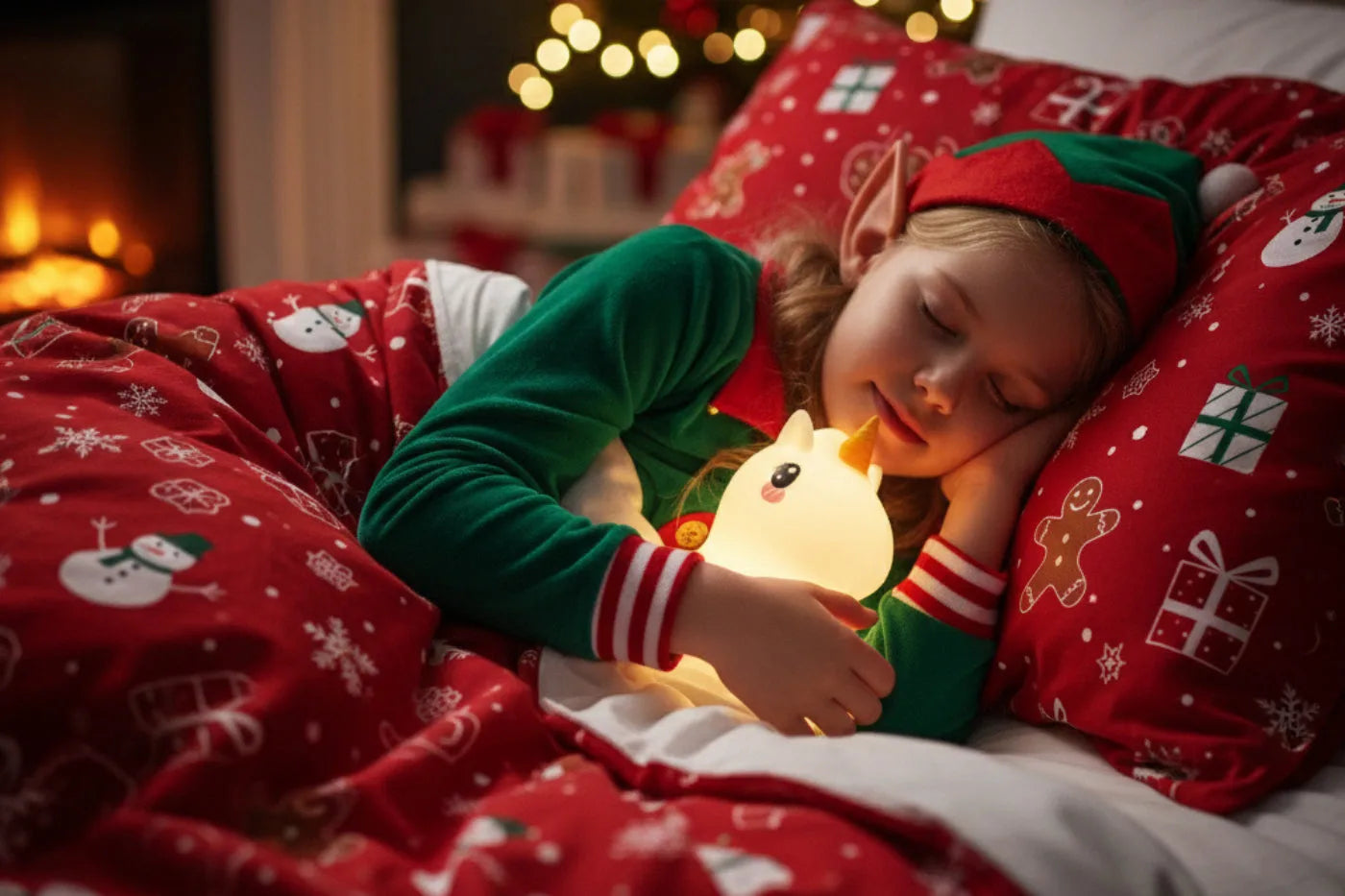 Little girl in Christmas elf pajamas sleeping with a glowing unicorn night light on festive holiday bedding