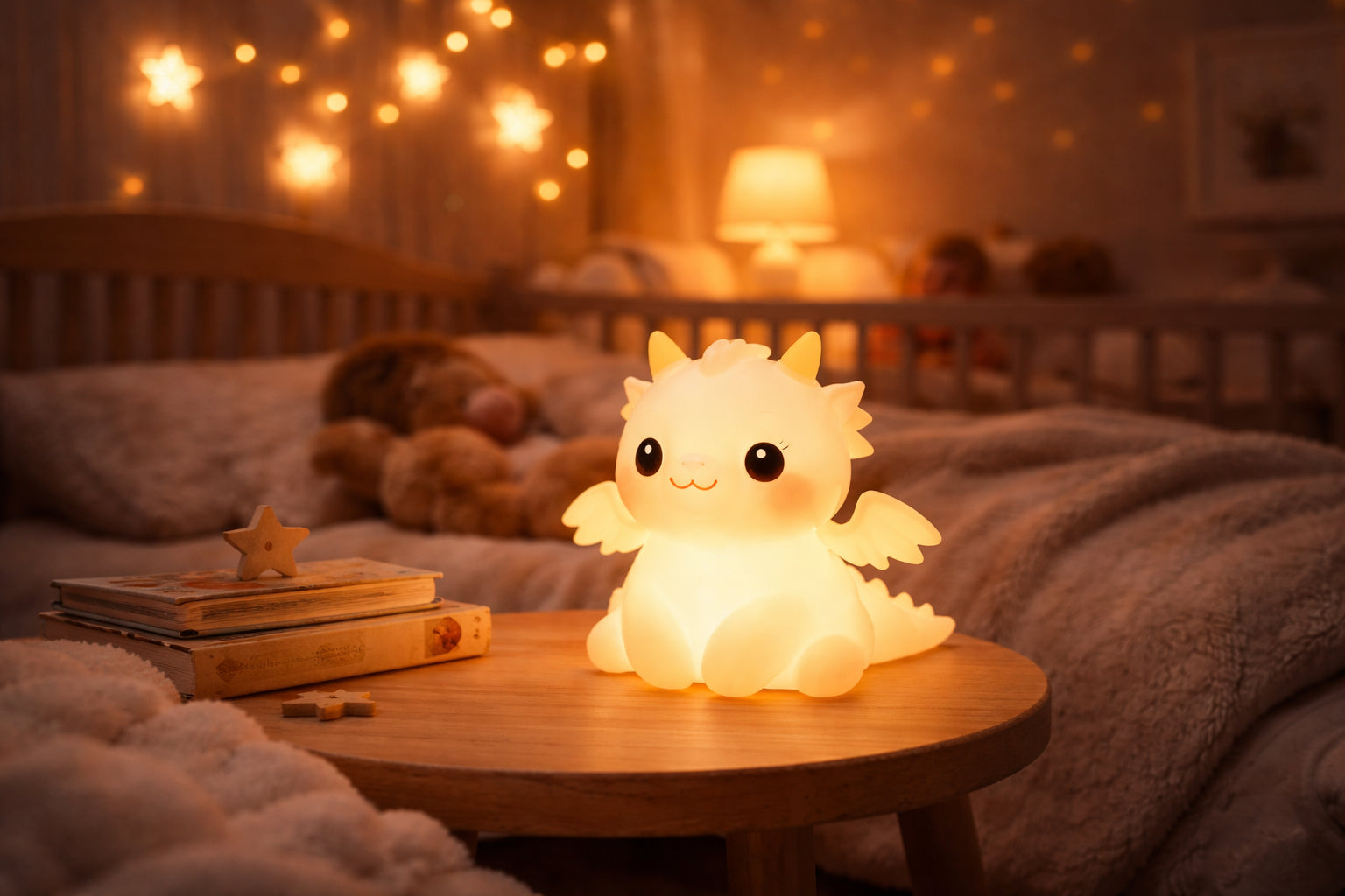 Cute silicone dragon night light for toddlers glowing on a nursery bedside table at night