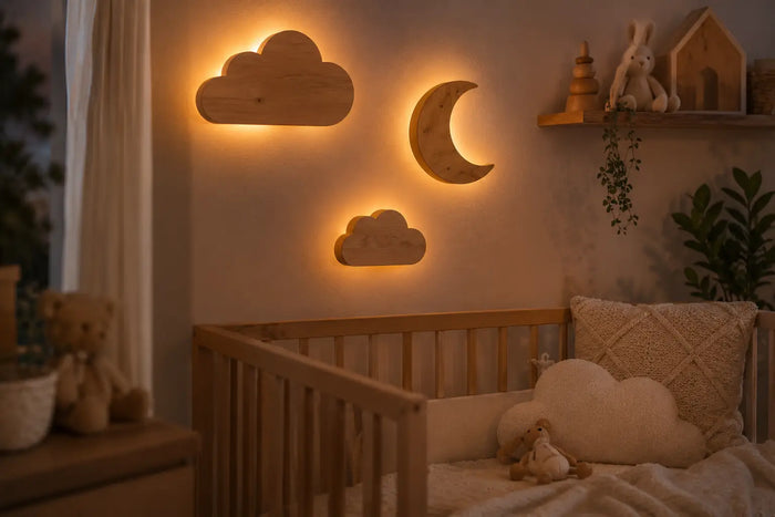 Warm glowing LumiDreams wooden wall lights in a nursery showing the best kids bedroom wall lights for safe sleep-friendly lighting