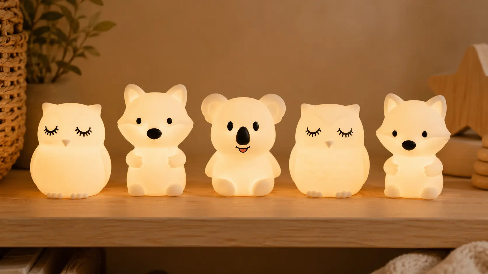  Collection of soft white silicone animal night lights for kids including an owl, fox and koala glowing warm amber on a wooden nursery shelf
