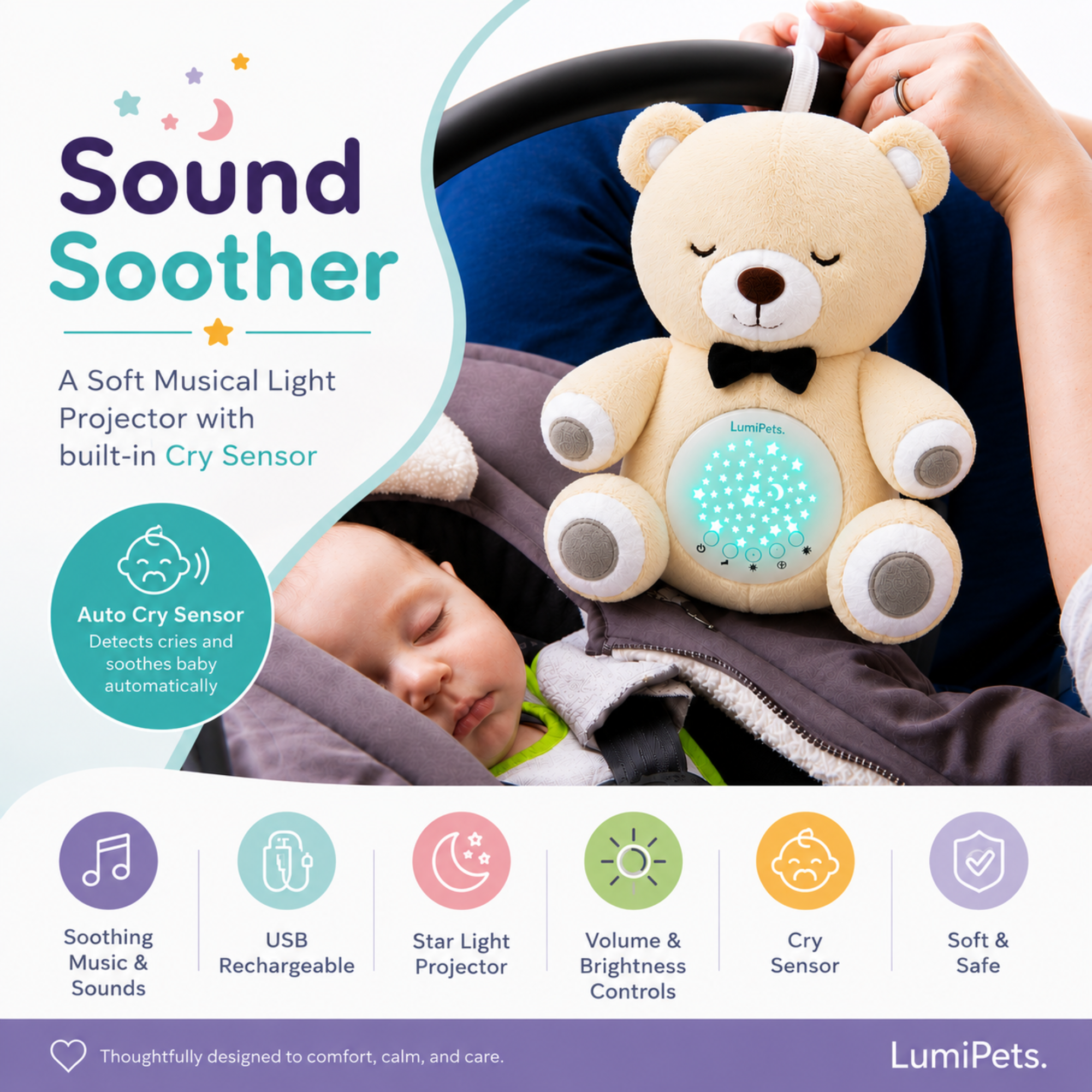 LumiPets Bear Sound Soother - Glow Night Light for Kids - Lumieworld