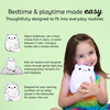 Child holding a LumiPet with text about its features on a green background