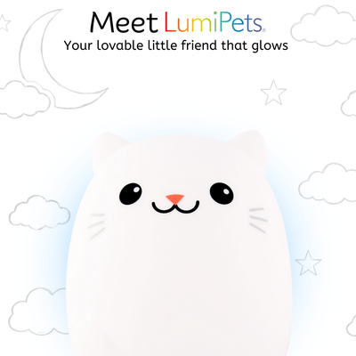 Cartoon cat with glowing eyes on a white background, featuring LumiPets branding.