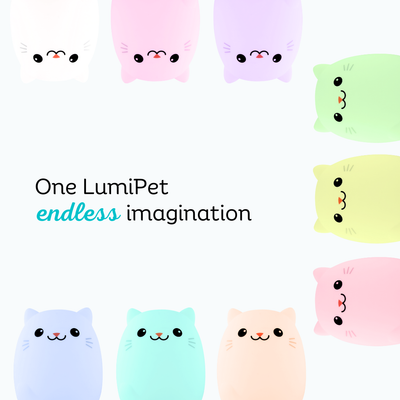 Colorful cat-shaped pillows with a 'One LumiPet endless imagination' text on a white background