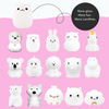 Collection of white LumiPets on a pink background with promotional text.