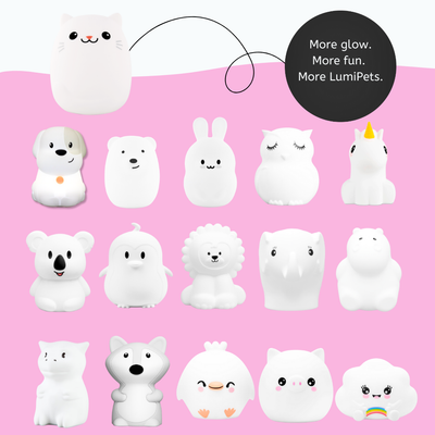 Collection of white LumiPets on a pink background with promotional text.