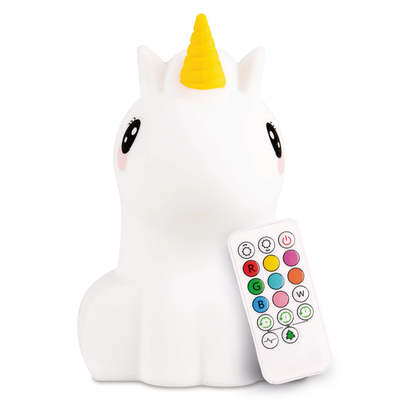 Unicorn night light with a remote control on a white background