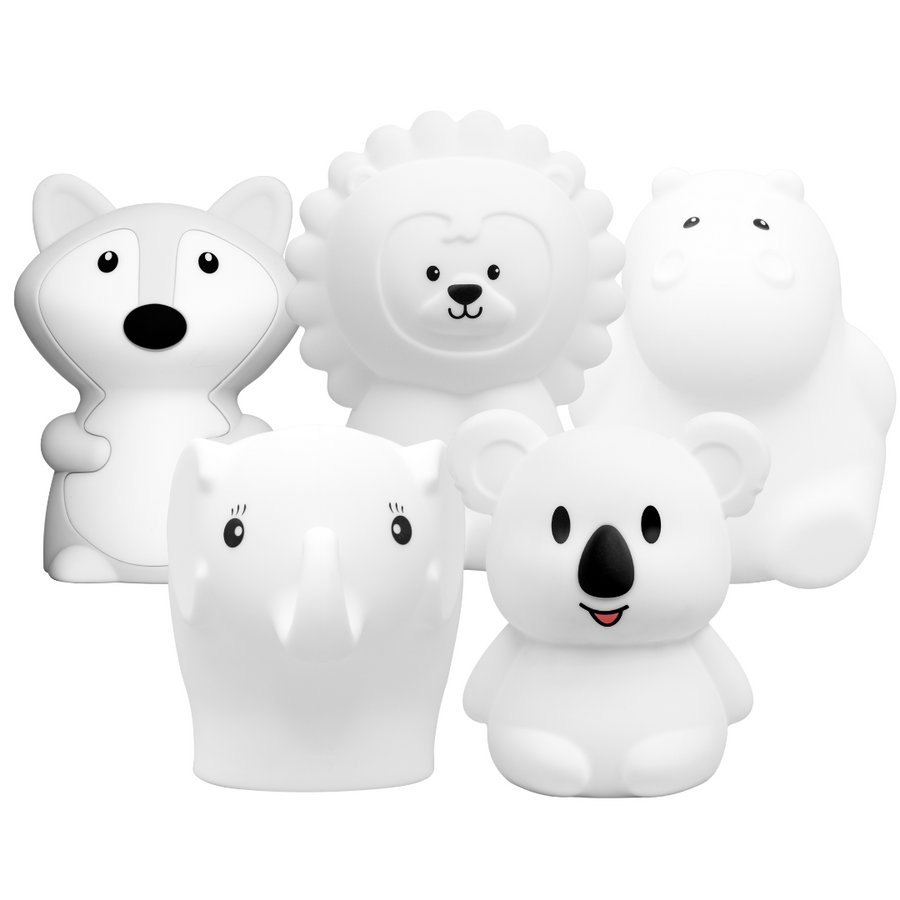 LumiPets nightlights fox, lion, hippo, elephant, and koala. 