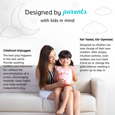 Woman and child sitting on a couch with a pink toy, surrounded by text about product design and benefits.