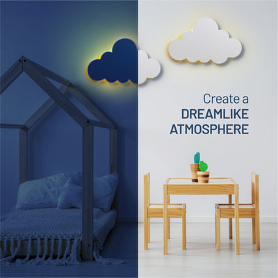 LumiDreams cloud on wall with day and night comparison in a kid's bedroom to create a dreamlike atmosphere.