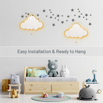 Easy installation and ready to hang. LumiCloud on wall with star stickers in kid's bedroom.