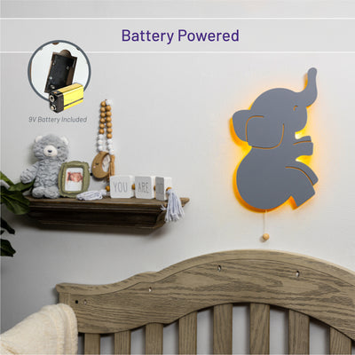 Battery powered with 9V battery - LumiDreams elephant lit up on wall in nursery.