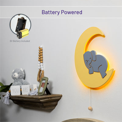 Battery powered with 9V battery - LumiDreams elephant on moon on the wall in nursery.