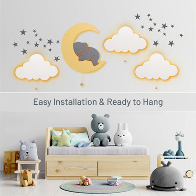Easy installation and ready to hang - LumiDreams cloud, elephant on moon. and star stickers on wall in kid's bedroom.