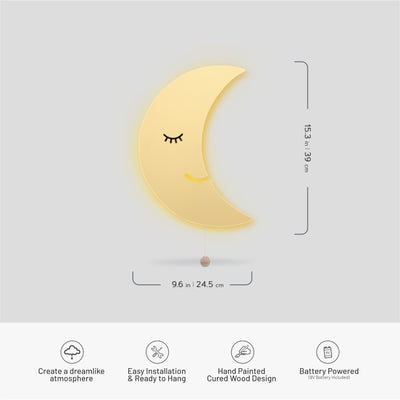 LumiDreams moon wall light graphic displaying dimensions (9.6x15.3 inches), easy installation and ready to hang, hand painted cured wood design, battery powered with 9V battery to create a dreamlike atmosphere.