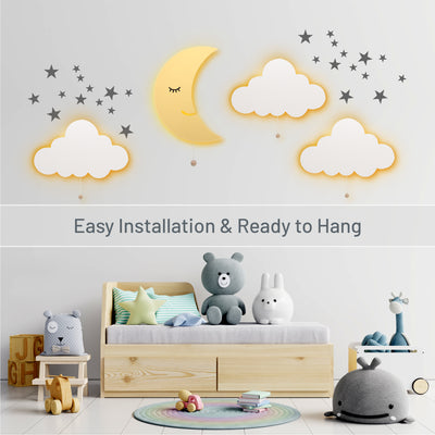 Easy installation and ready to hang - LumiDreams cloud and moon on wall in children's room with silver stars.
