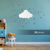 Silver star wall stickers on wall with LumiDreams cloud wall light in playroom - 56 pieces.
