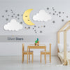 Silver stars - wall stickers on wall with LumiDreams cloud and moon in child's bedroom.