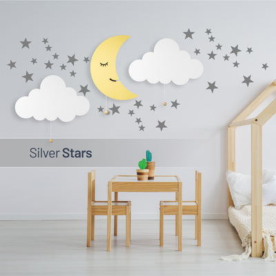 Silver stars - wall stickers on wall with LumiDreams cloud and moon in child's bedroom.