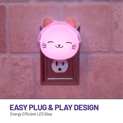 Easy plug and play design with energy efficient LED glow - LumiGlow cat plugged into wall outlet and glowing pink.