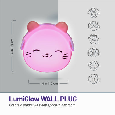 Create a dreamlike atmosphere in any space - LumiGlow cat on graphic with dimensions (4x4 inches) - sturdy design, soft LED glow, plug and play, auto light sensor, energy efficient