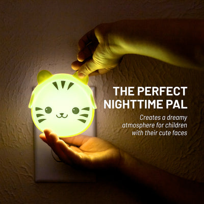 The perfect nighttime pal - creates a dreamy atmosphere for children with their cute faces - LumiGlow tiger plugged in with child holding it and glowing yellow.