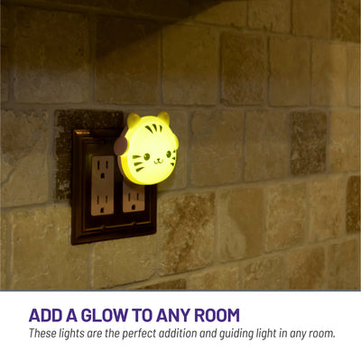 Add a glow to any room - These lights are the perfect addition and guiding light in any room - LumiGlow tiger plugged into wall outlet and glowing yellow.