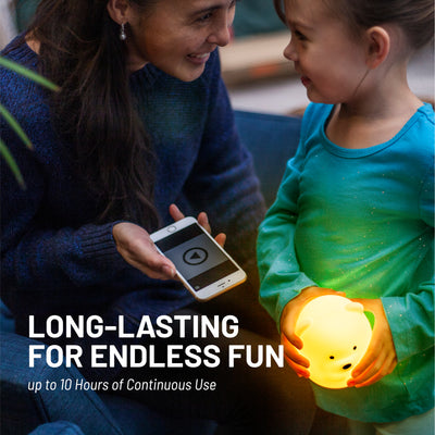 Long lasting for endless fun - up to 10 hours of continuous use - Mother and child streaming music from device to LumiBear nightlight with Bluetooth.