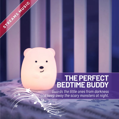 The perfect bedtime buddy - Streams music - LumiBear nightlight with Bluetooth in crib.