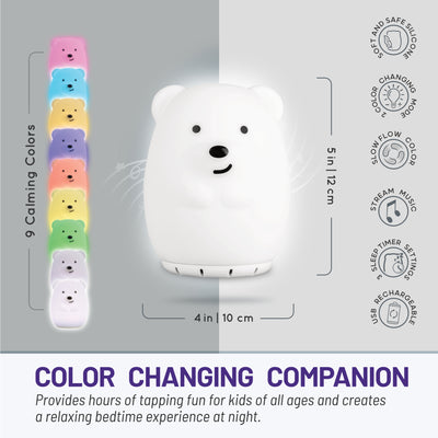 LumiBear with bluetooth graphic displaying dimensions (4x5 inches), soft and safe silicone, 2 color changing modes, slow flow color mode, streams music, three sleep timer settings, USB rechargeable, tap control.