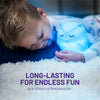 Long lasting for endless fun - 10 hours of continuous use - Boy sleeping with LumiOwl with Bluetooth.