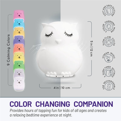 LumiOwl graphic with dimensions (4x5 inches) - soft and safe silicone, 2 color changing modes, slow flow color, streams music, sleep timer, USB rechargeable.