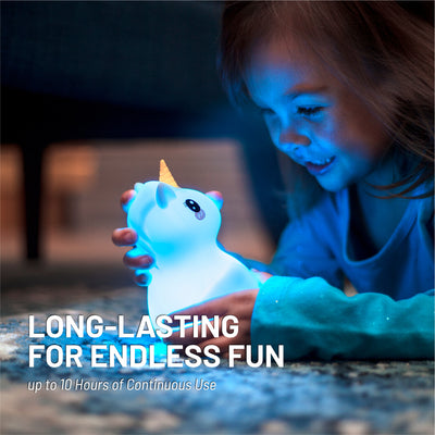 Long lasting for endless fun - Up to 10 hours of continuous use - Girl holding LumiUnicorn with Bluetooth glowing blue.