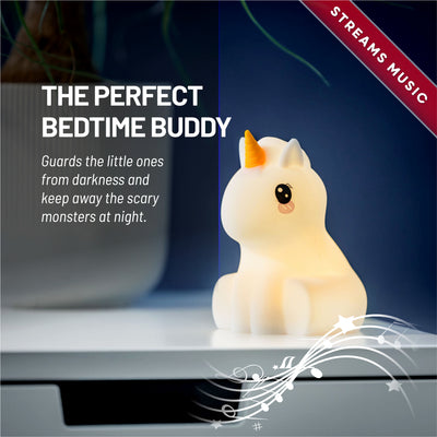 The perfect bedtime buddy - streams music - LumiUnicorn Bluetooth glowing yellow.