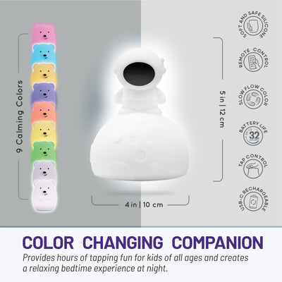 LumiAstronaut graphic displaying dimensions (4x5 inches) soft and safe silicone, slow flow color mode, 32 hour battery life, tap control, USB rechargeable