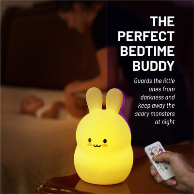 The perfect bedtime buddy - LumiBunny glowing yellow with remote.