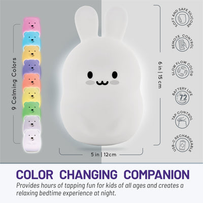 LumiBunny graphic displaying dimensions (5x6 inches) soft and safe silicone, remote control, slow flow color mode, 72 hour battery life, tap control, USB rechargeable