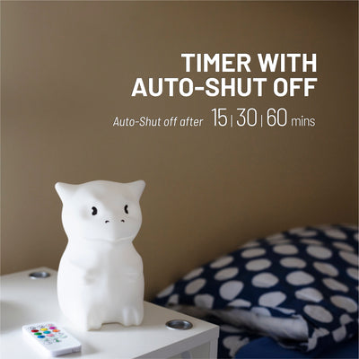 LumiDragon on end table - 15, 30, 60 minute sleep timer.